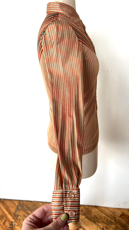 1970s tan + orange striped disco shirt, sz. small