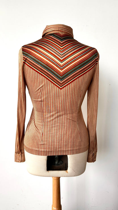 1970s tan + orange striped disco shirt, sz. small