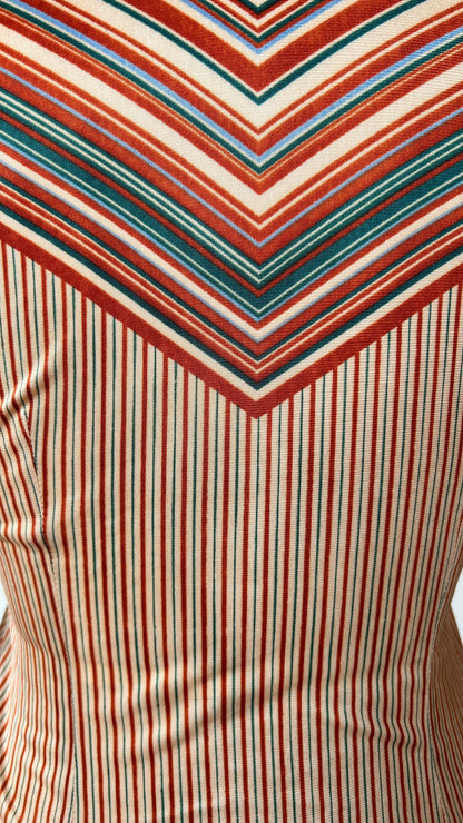 1970s tan + orange striped disco shirt, sz. small