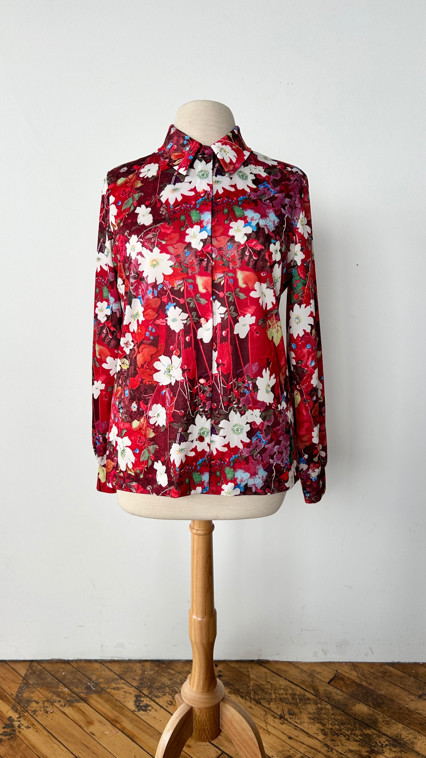 1970s red + white graphic floral disco shirt, sz. large