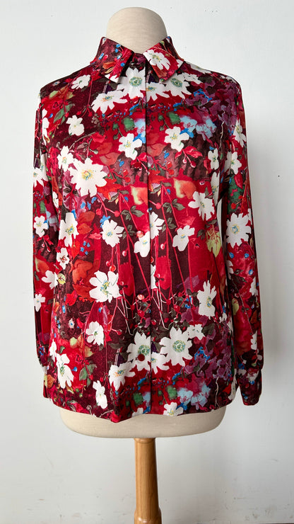 1970s red + white graphic floral disco shirt, sz. large