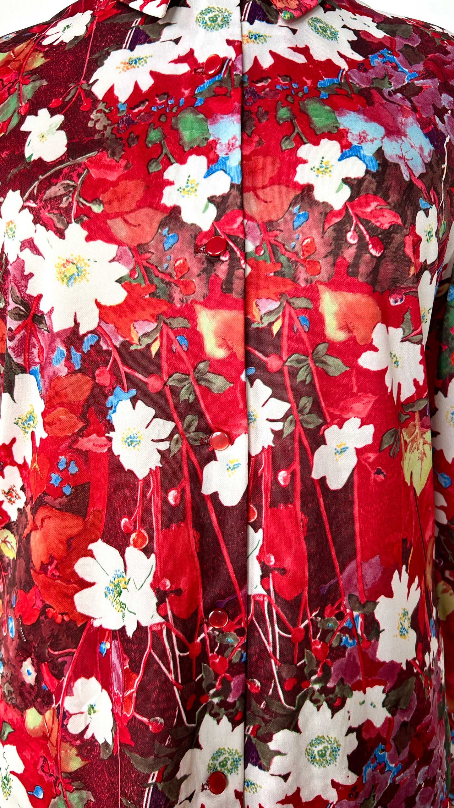 1970s red + white graphic floral disco shirt, sz. large