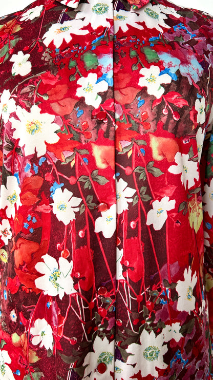 1970s red + white graphic floral disco shirt, sz. large