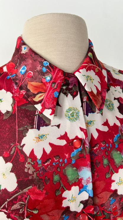 1970s red + white graphic floral disco shirt, sz. large