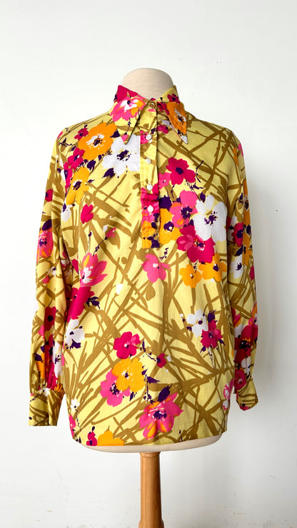 1970s yellow floral disco shirt, sz. XL