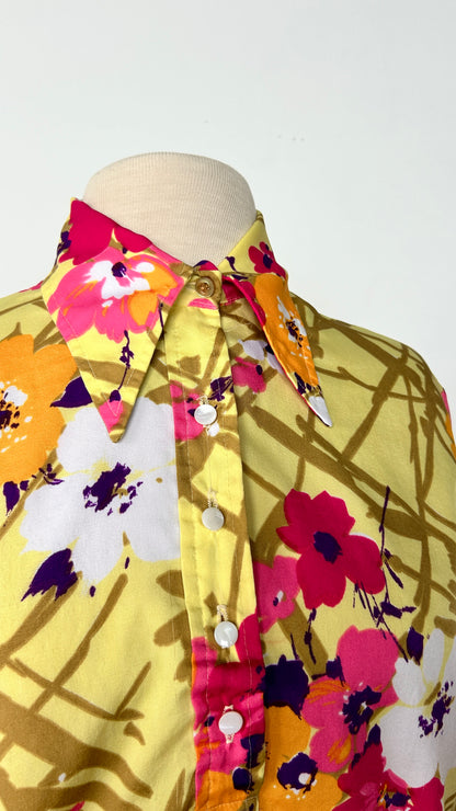 1970s yellow floral disco shirt, sz. XL