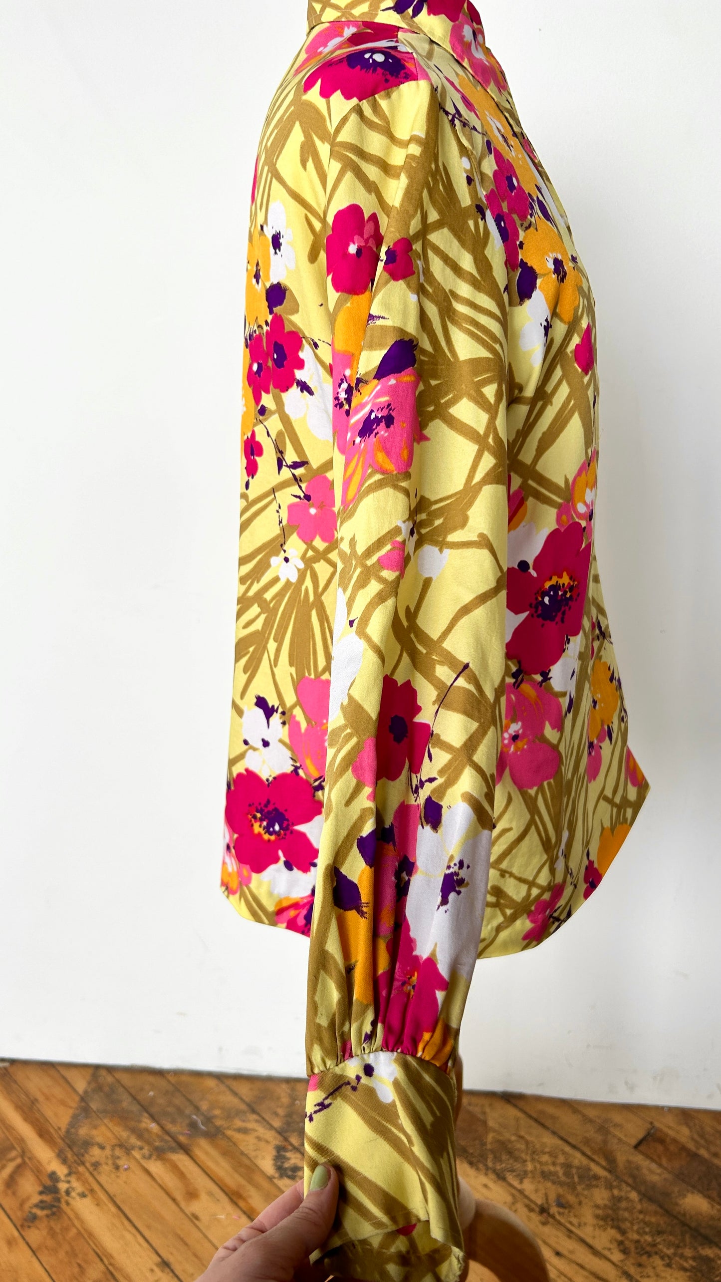 1970s yellow floral disco shirt, sz. XL