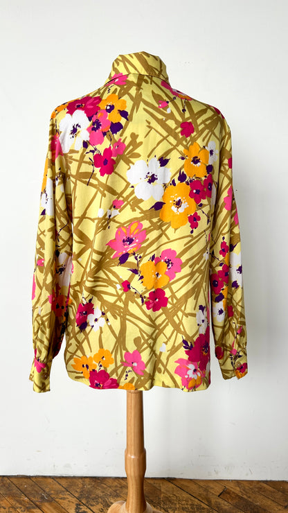 1970s yellow floral disco shirt, sz. XL