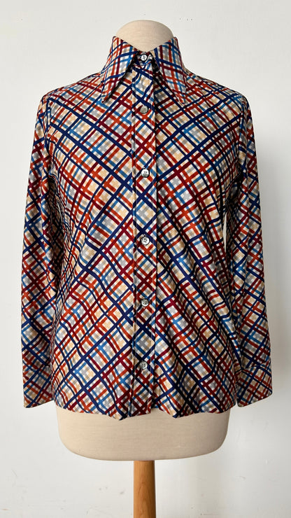 1970s blue + orange plaid disco shirt, sz. small