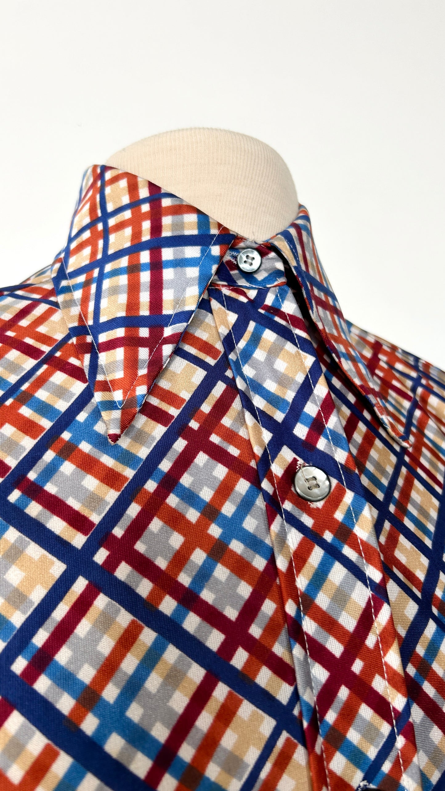 1970s blue + orange plaid disco shirt, sz. small