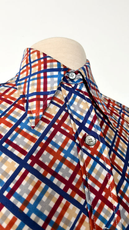 1970s blue + orange plaid disco shirt, sz. small