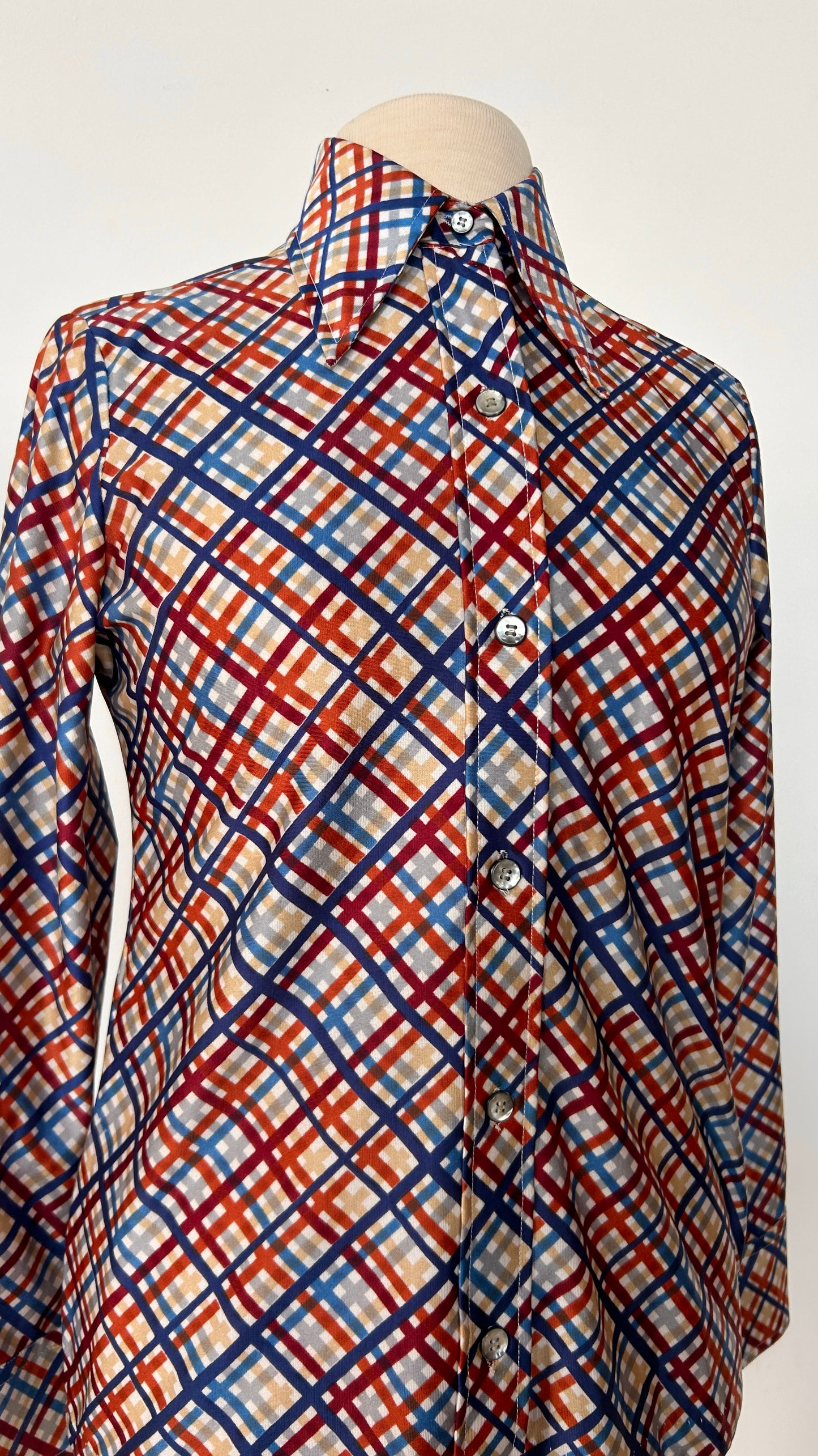 1970s blue + orange plaid disco shirt, sz. small