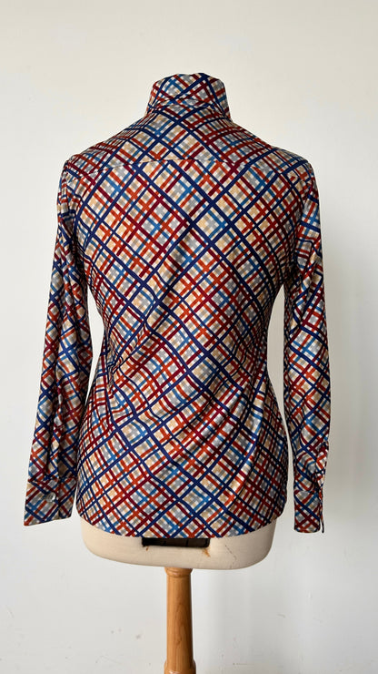 1970s blue + orange plaid disco shirt, sz. small