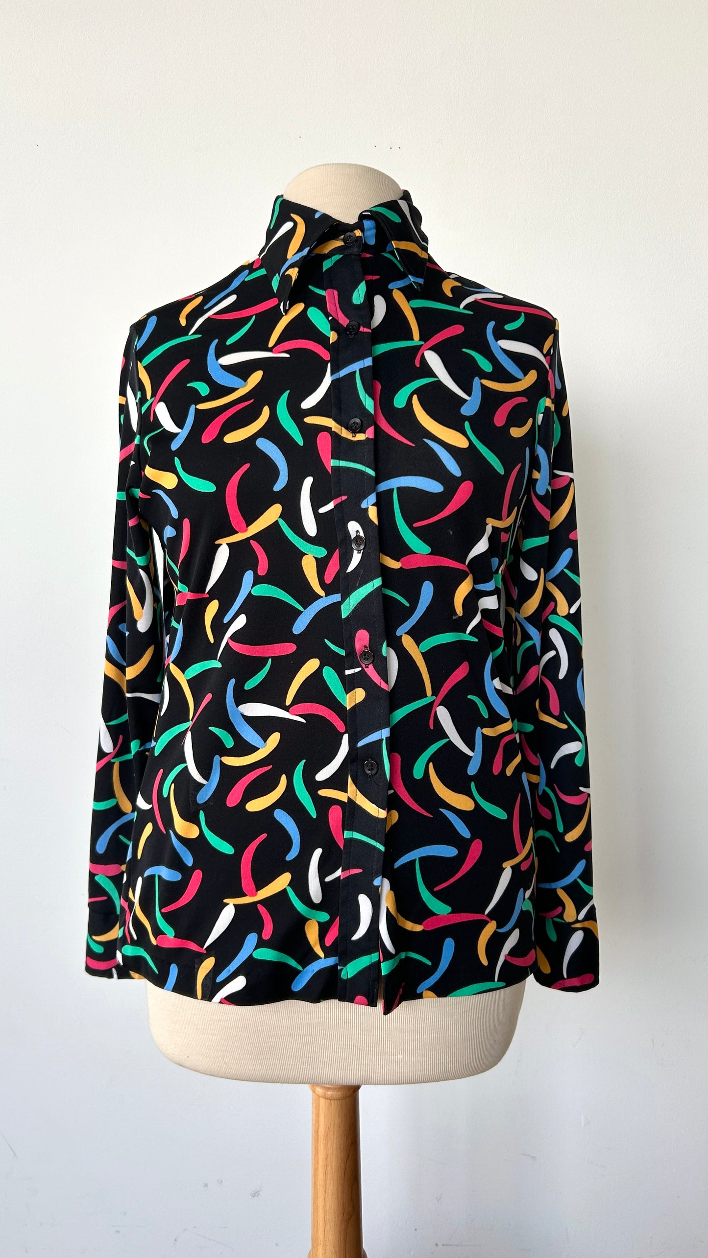 1970s black + multicolor patterned disco shirt, sz. large