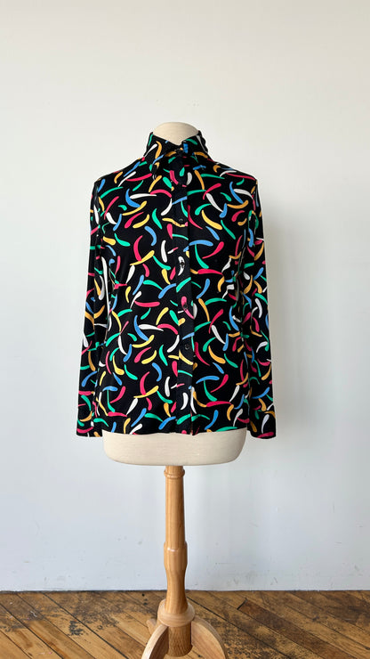 1970s black + multicolor patterned disco shirt, sz. large