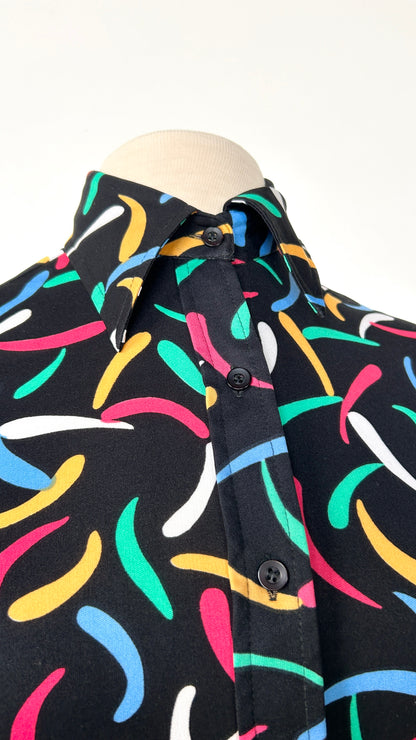 1970s black + multicolor patterned disco shirt, sz. large