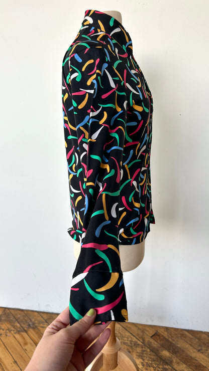 1970s black + multicolor patterned disco shirt, sz. large