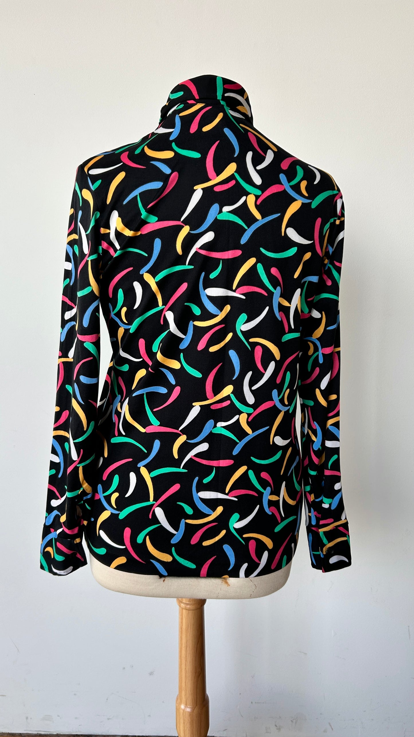 1970s black + multicolor patterned disco shirt, sz. large