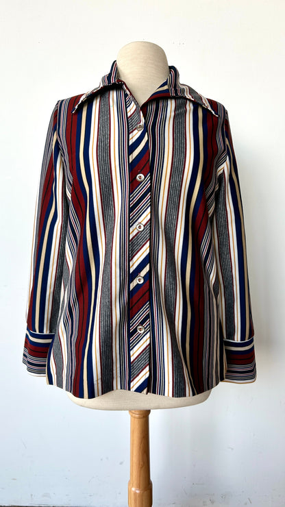 1970s blue, white, + rust striped disco shirt, sz. large