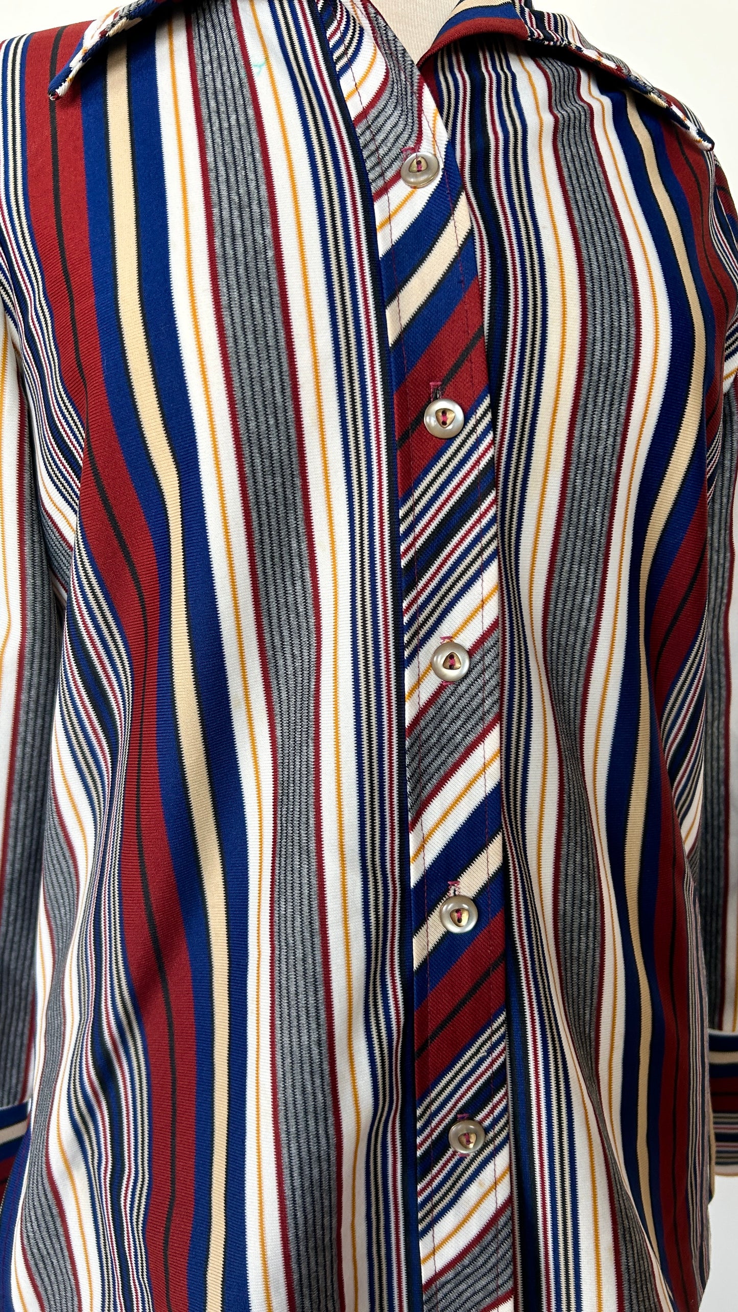 1970s blue, white, + rust striped disco shirt, sz. large