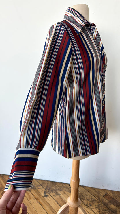 1970s blue, white, + rust striped disco shirt, sz. large