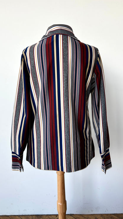 1970s blue, white, + rust striped disco shirt, sz. large