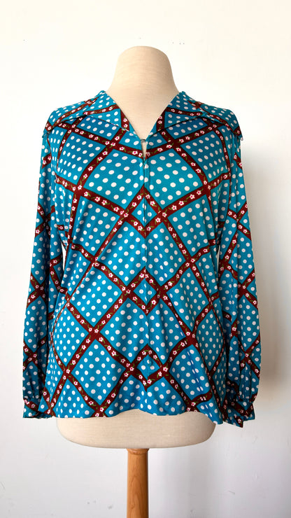 1970s teal polka dot + floral grid disco shirt, sz. XL