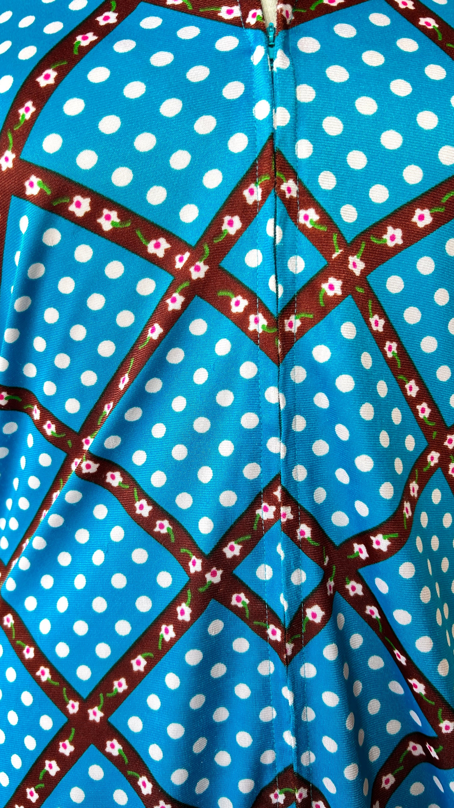 1970s teal polka dot + floral grid disco shirt, sz. XL