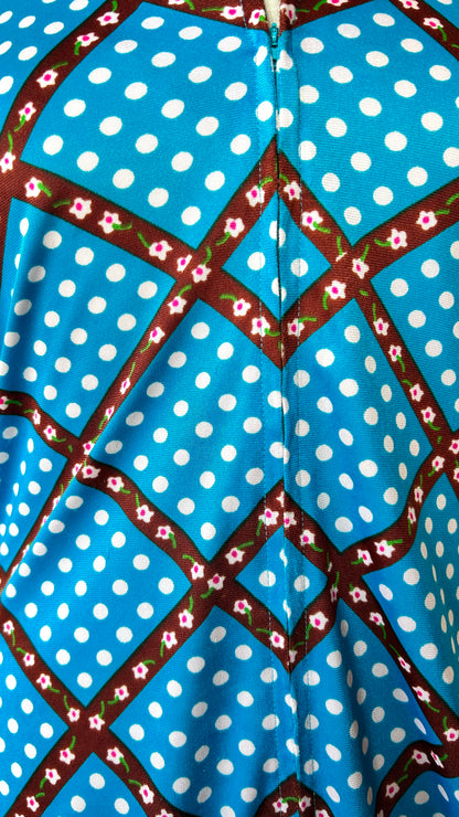 1970s teal polka dot + floral grid disco shirt, sz. XL