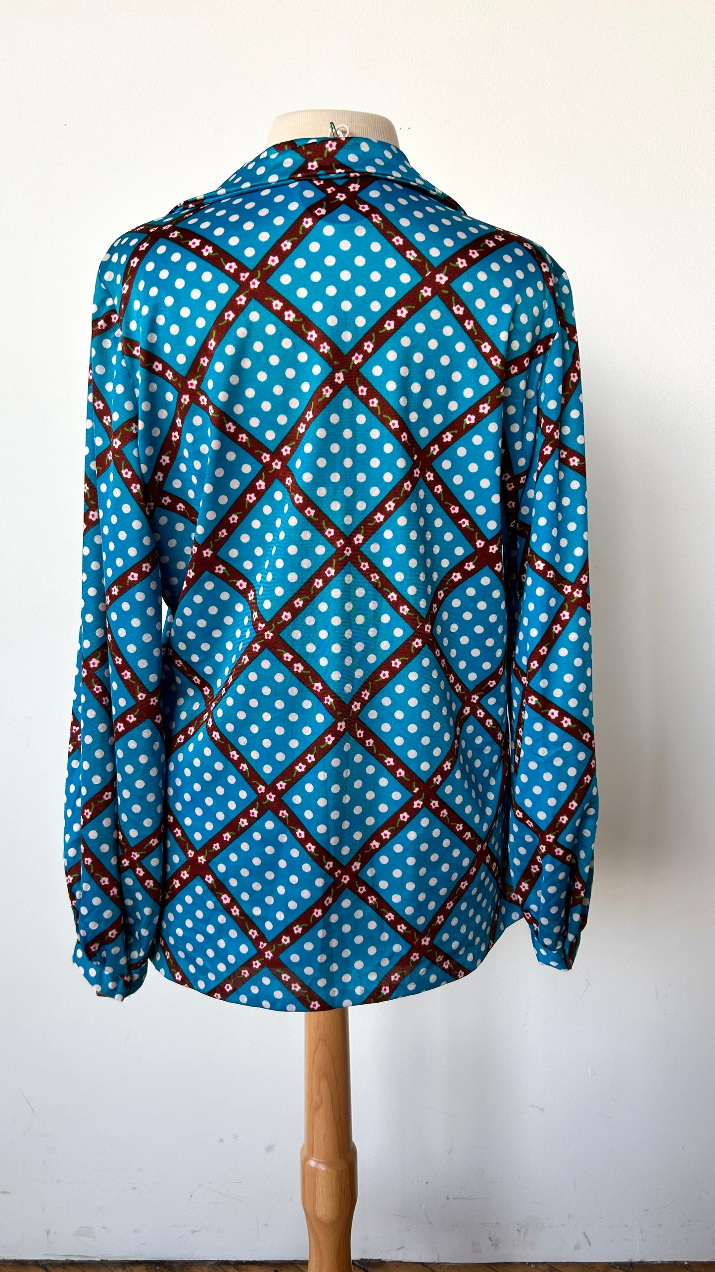 1970s teal polka dot + floral grid disco shirt, sz. XL