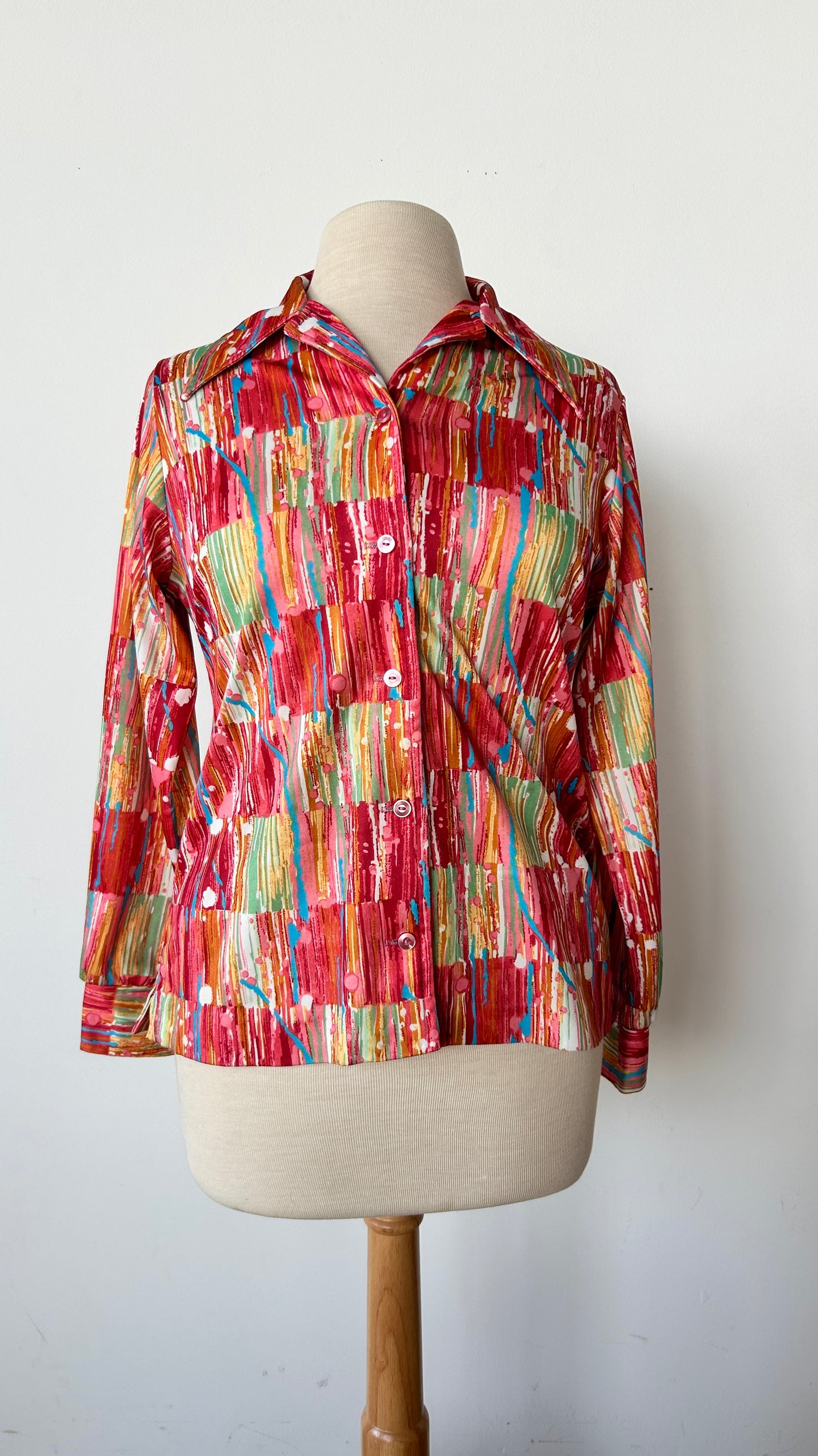 1970s red + pink paint drip disco shirt, sz. large