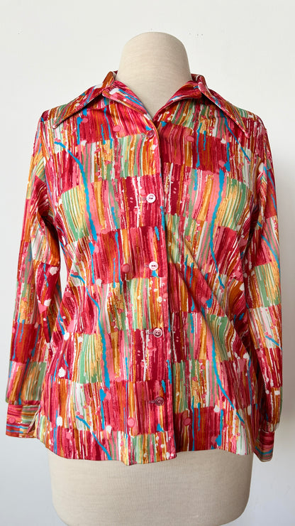 1970s red + pink paint drip disco shirt, sz. large