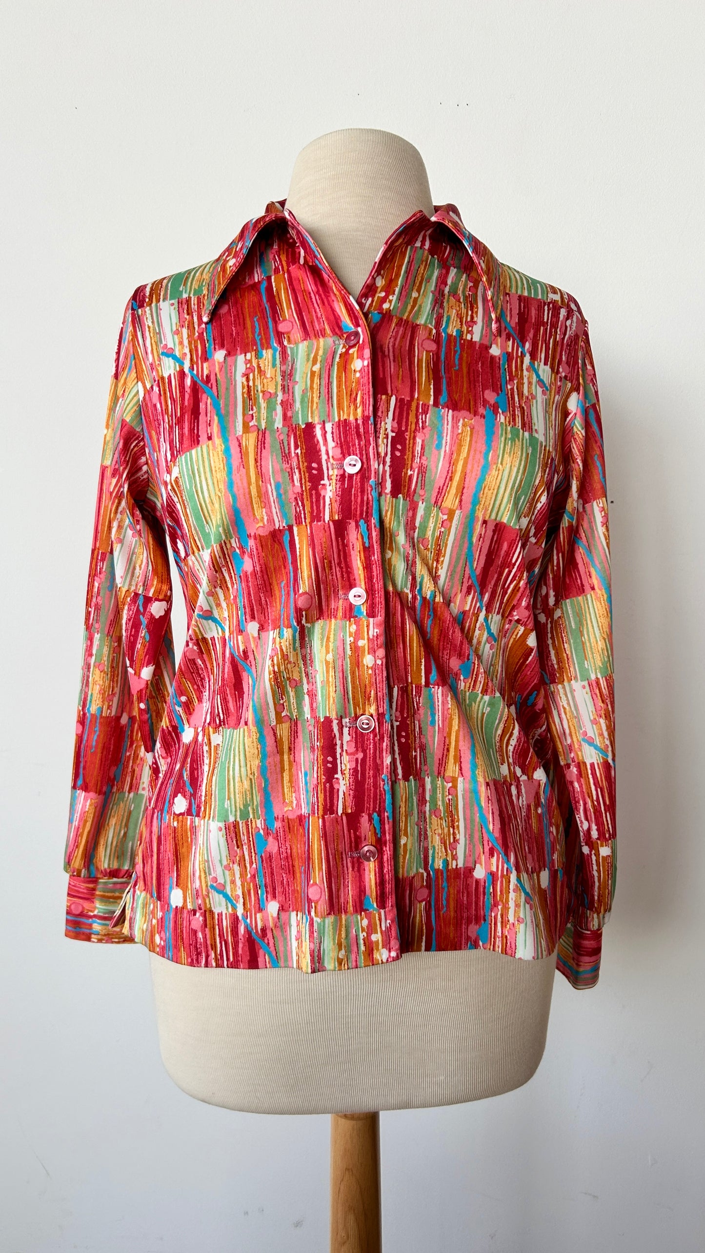 1970s red + pink paint drip disco shirt, sz. large