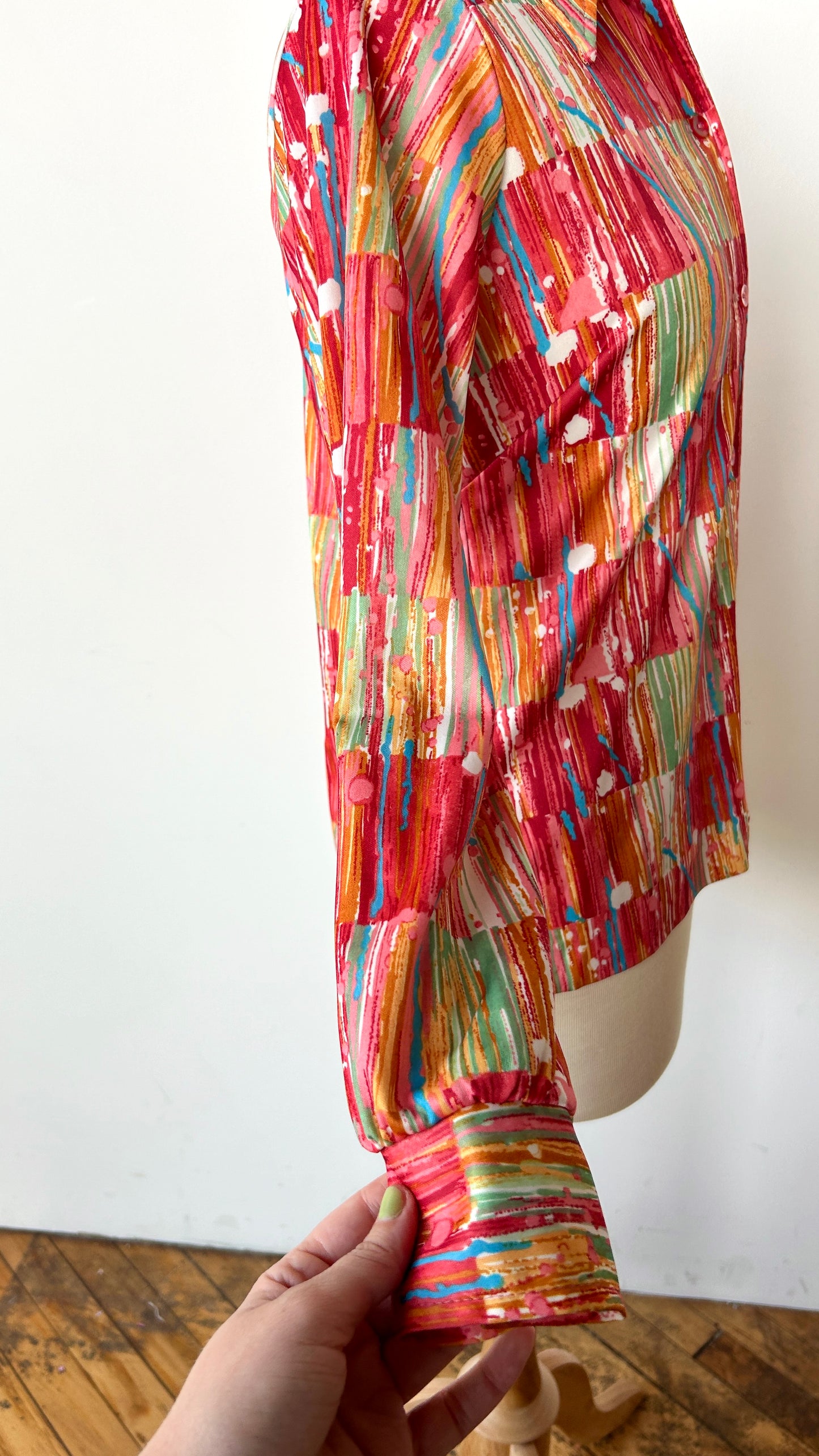 1970s red + pink paint drip disco shirt, sz. large