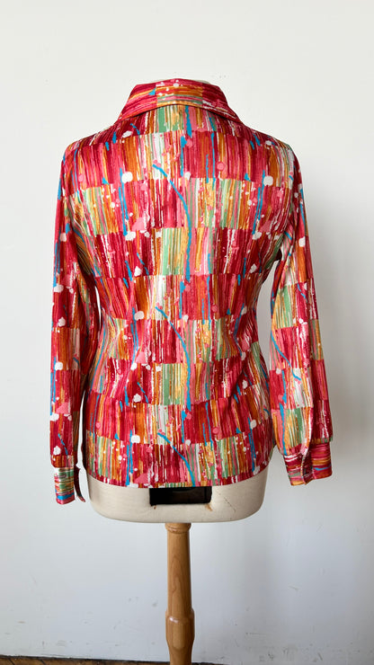 1970s red + pink paint drip disco shirt, sz. large