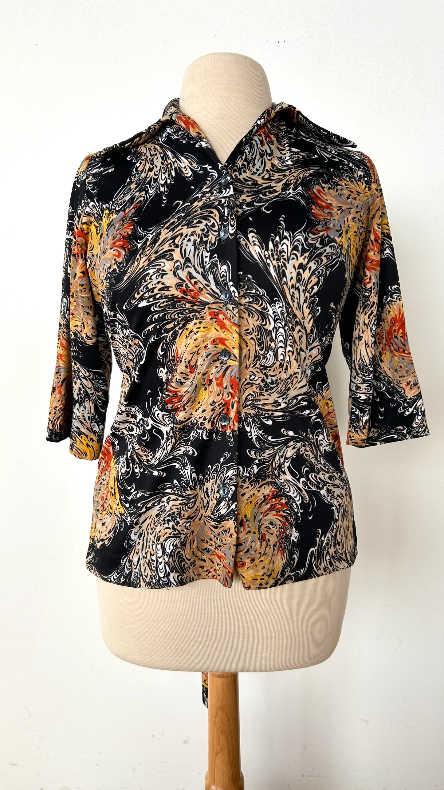 1970s black marbled pattern disco shirt, sz. medium/large