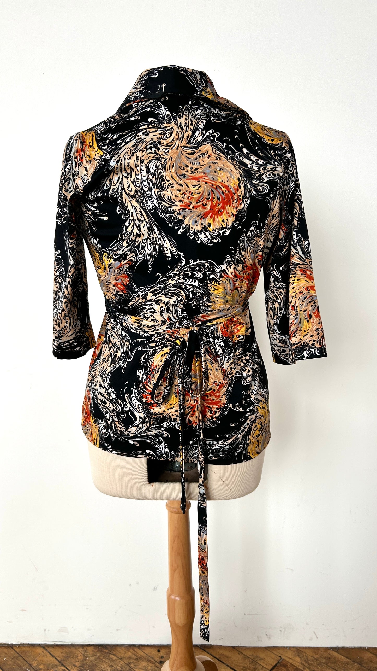 1970s black marbled pattern disco shirt, sz. medium/large