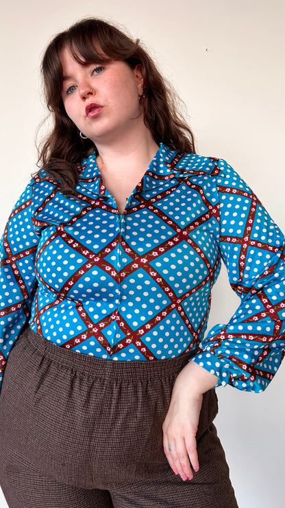 1970s teal polka dot + floral grid disco shirt, sz. XL