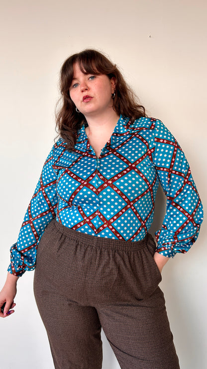 1970s teal polka dot + floral grid disco shirt, sz. XL