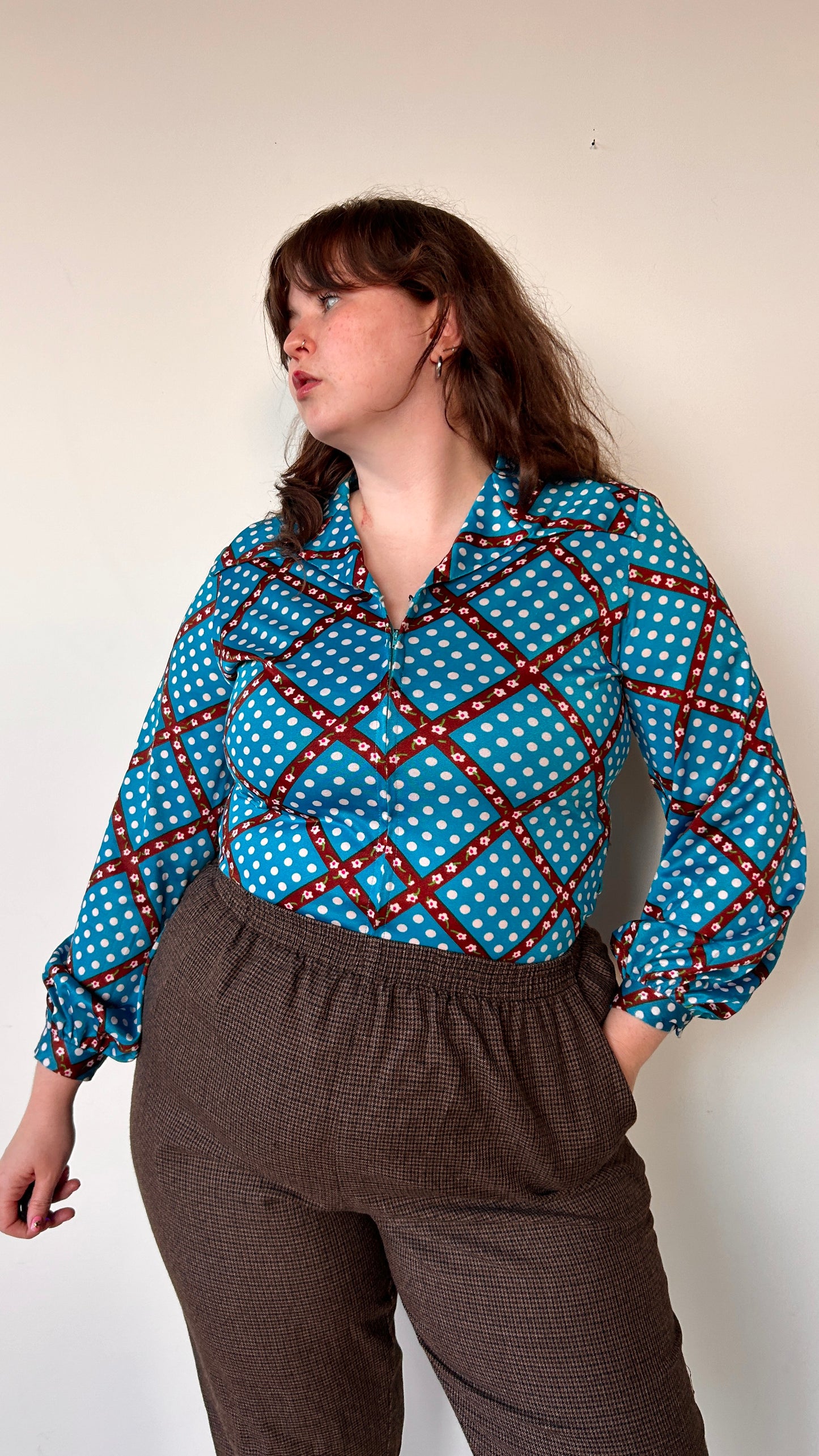 1970s teal polka dot + floral grid disco shirt, sz. XL