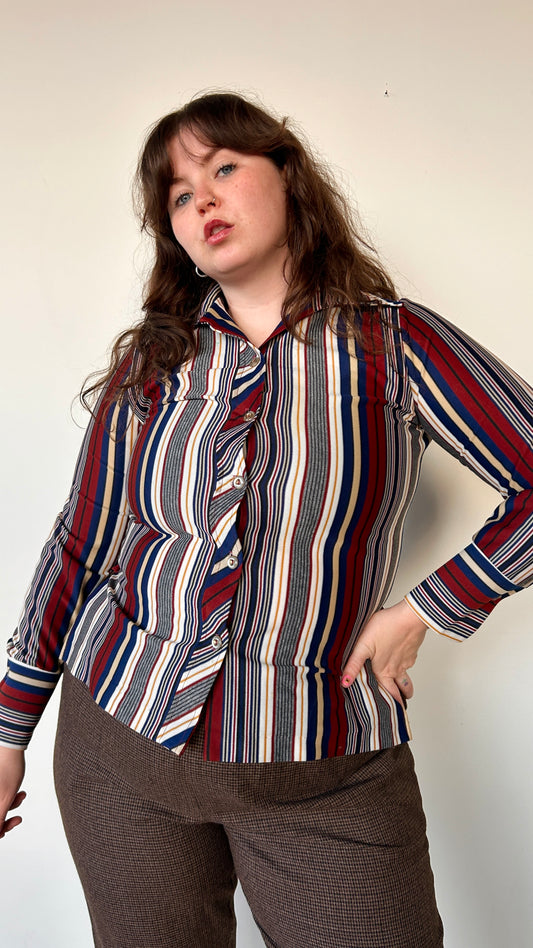 1970s blue, white, + rust striped disco shirt, sz. large