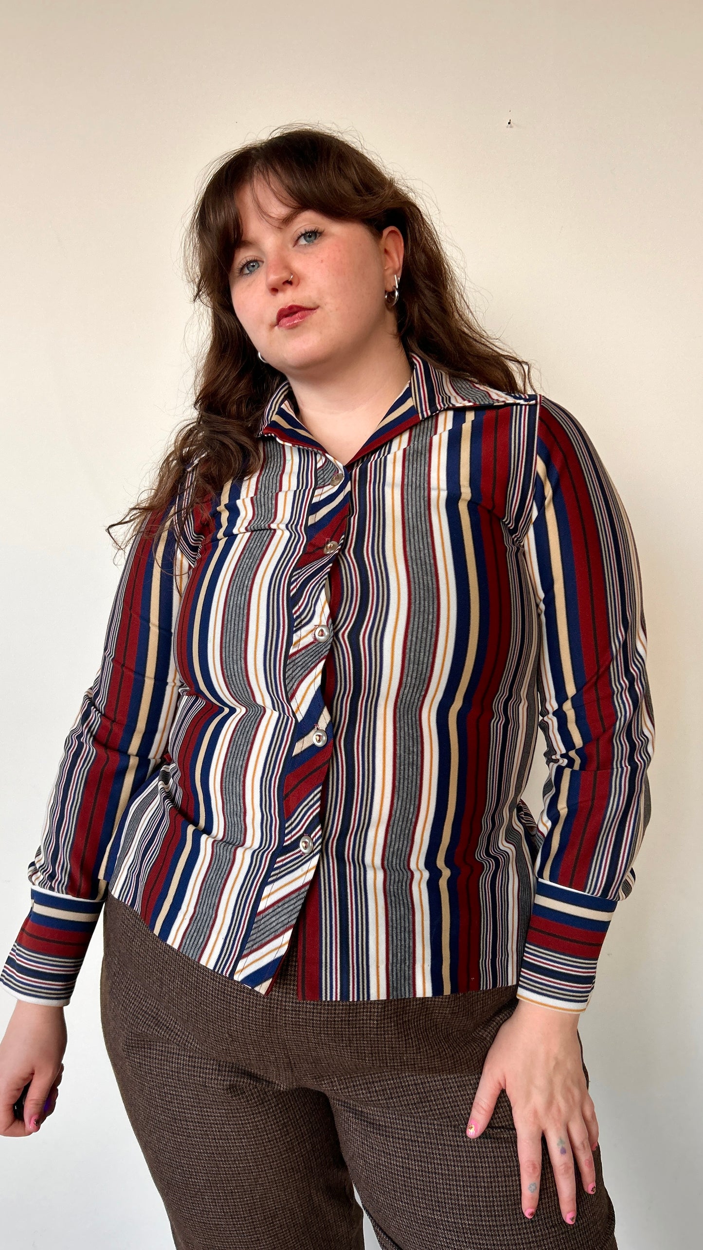 1970s blue, white, + rust striped disco shirt, sz. large