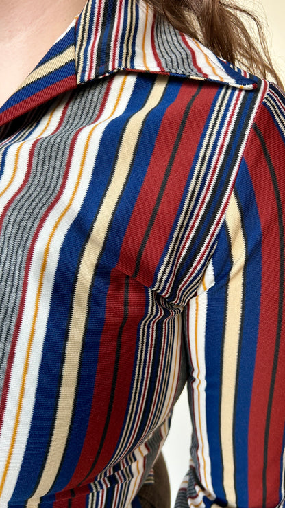 1970s blue, white, + rust striped disco shirt, sz. large