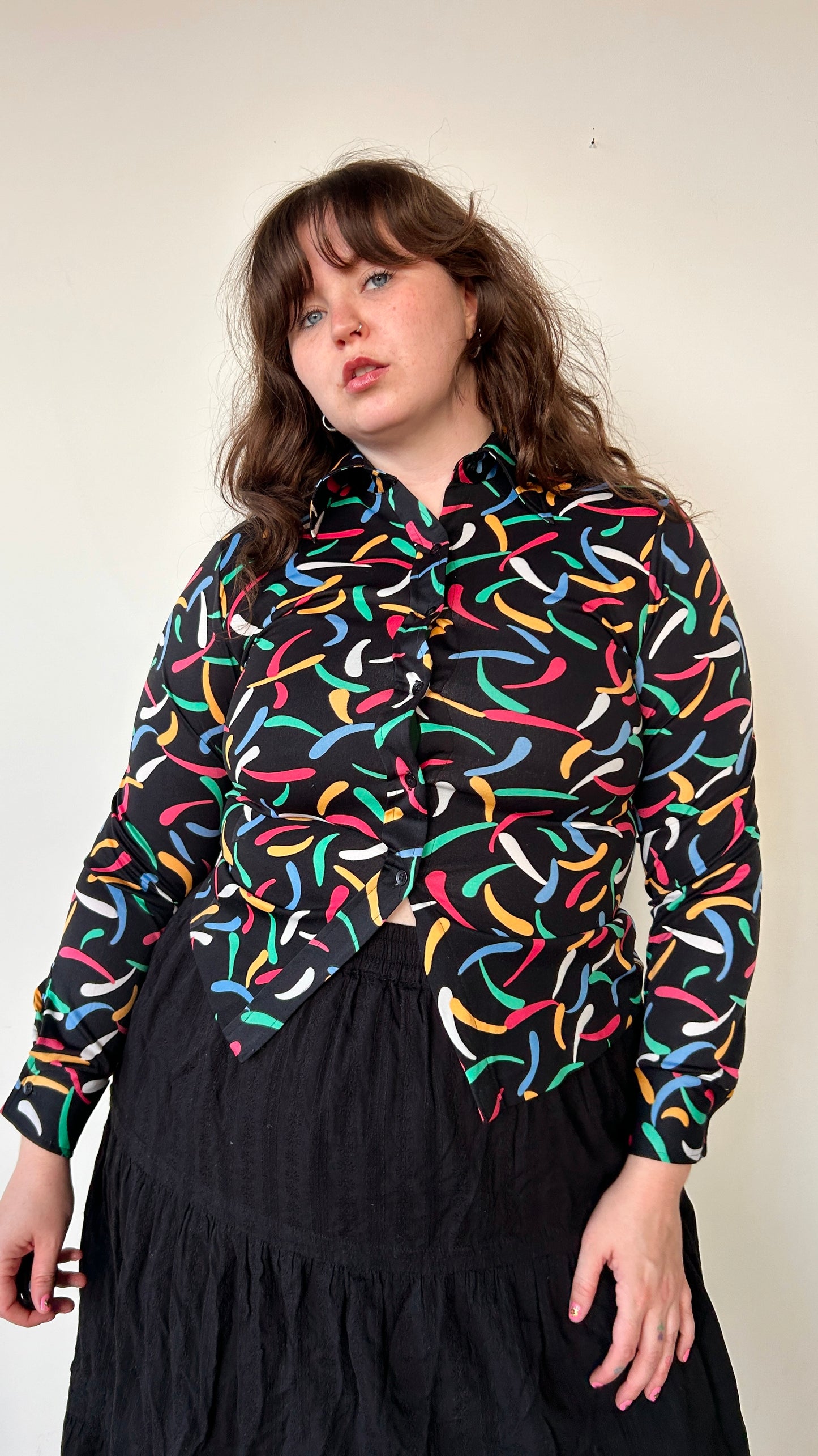 1970s black + multicolor patterned disco shirt, sz. large