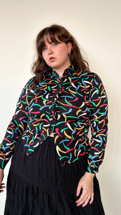 1970s black + multicolor patterned disco shirt, sz. large