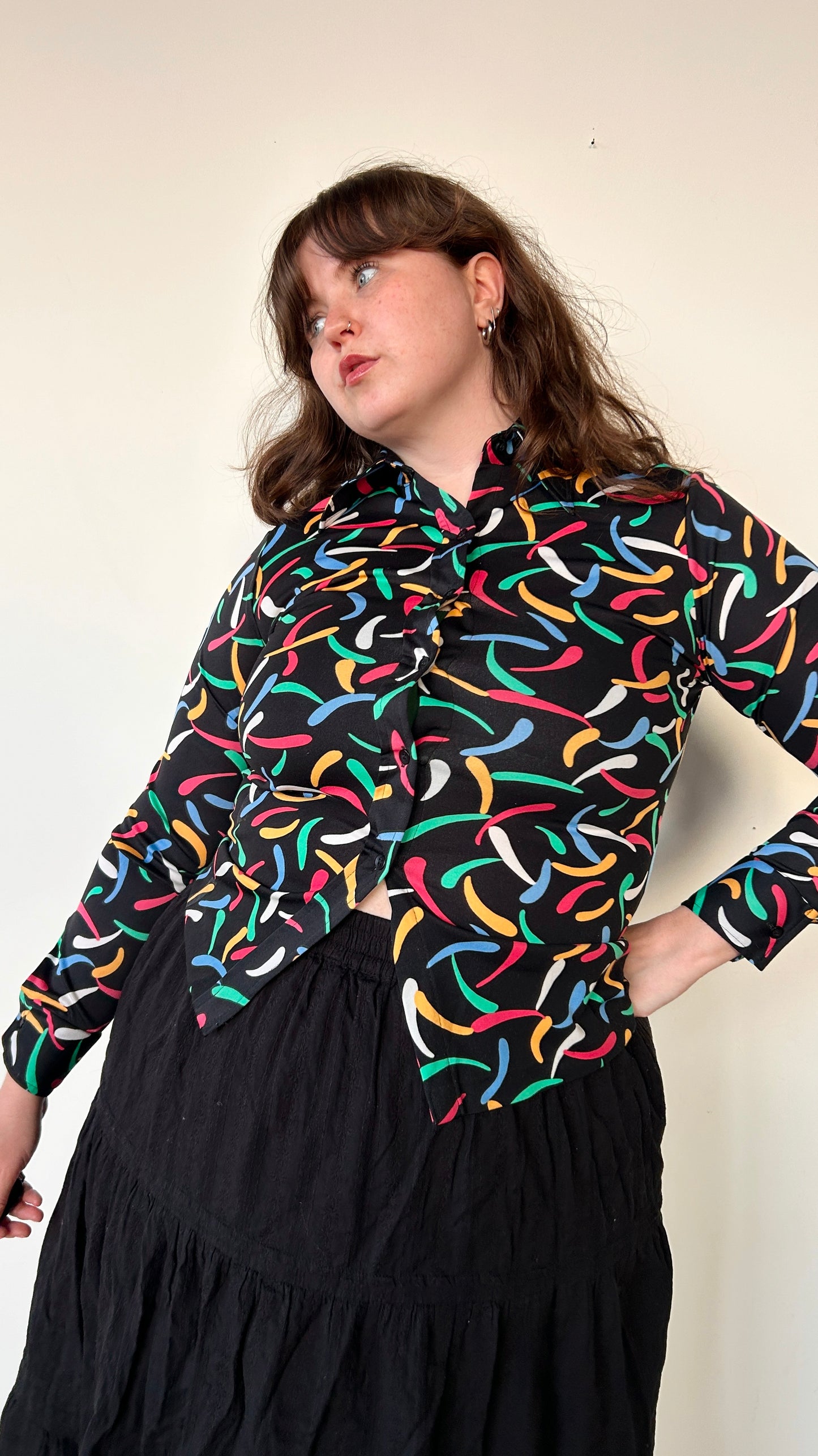 1970s black + multicolor patterned disco shirt, sz. large