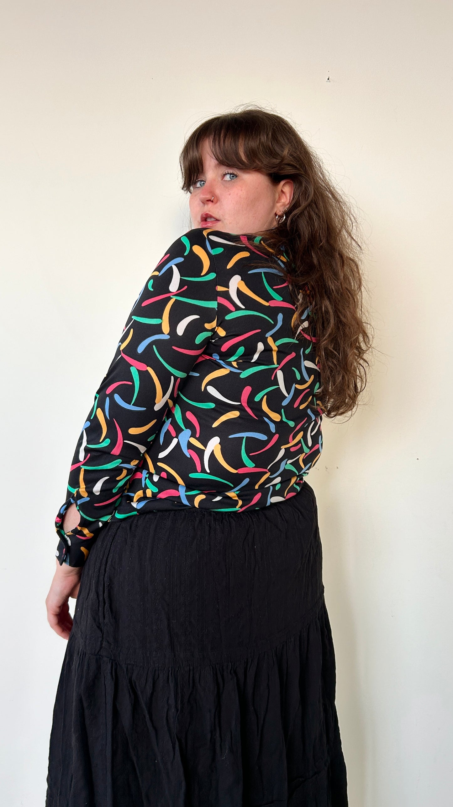 1970s black + multicolor patterned disco shirt, sz. large