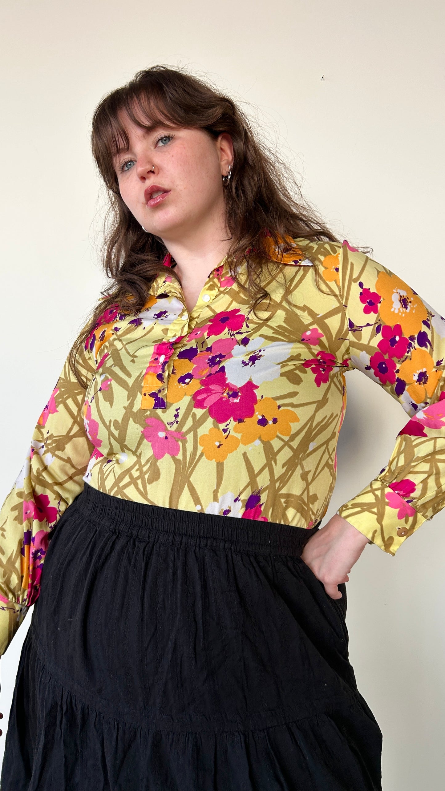 1970s yellow floral disco shirt, sz. XL