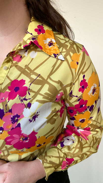 1970s yellow floral disco shirt, sz. XL