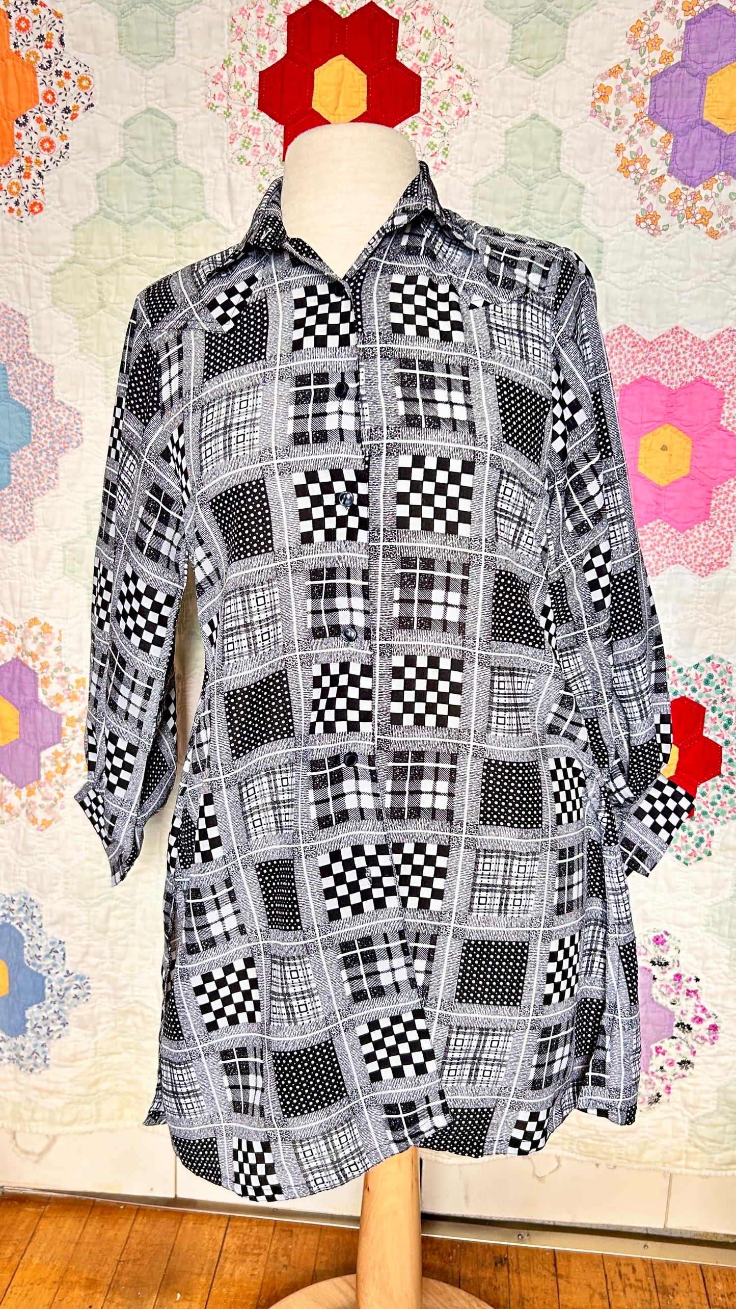 1960s black + white multi-pattern shirt, sz. small/medium